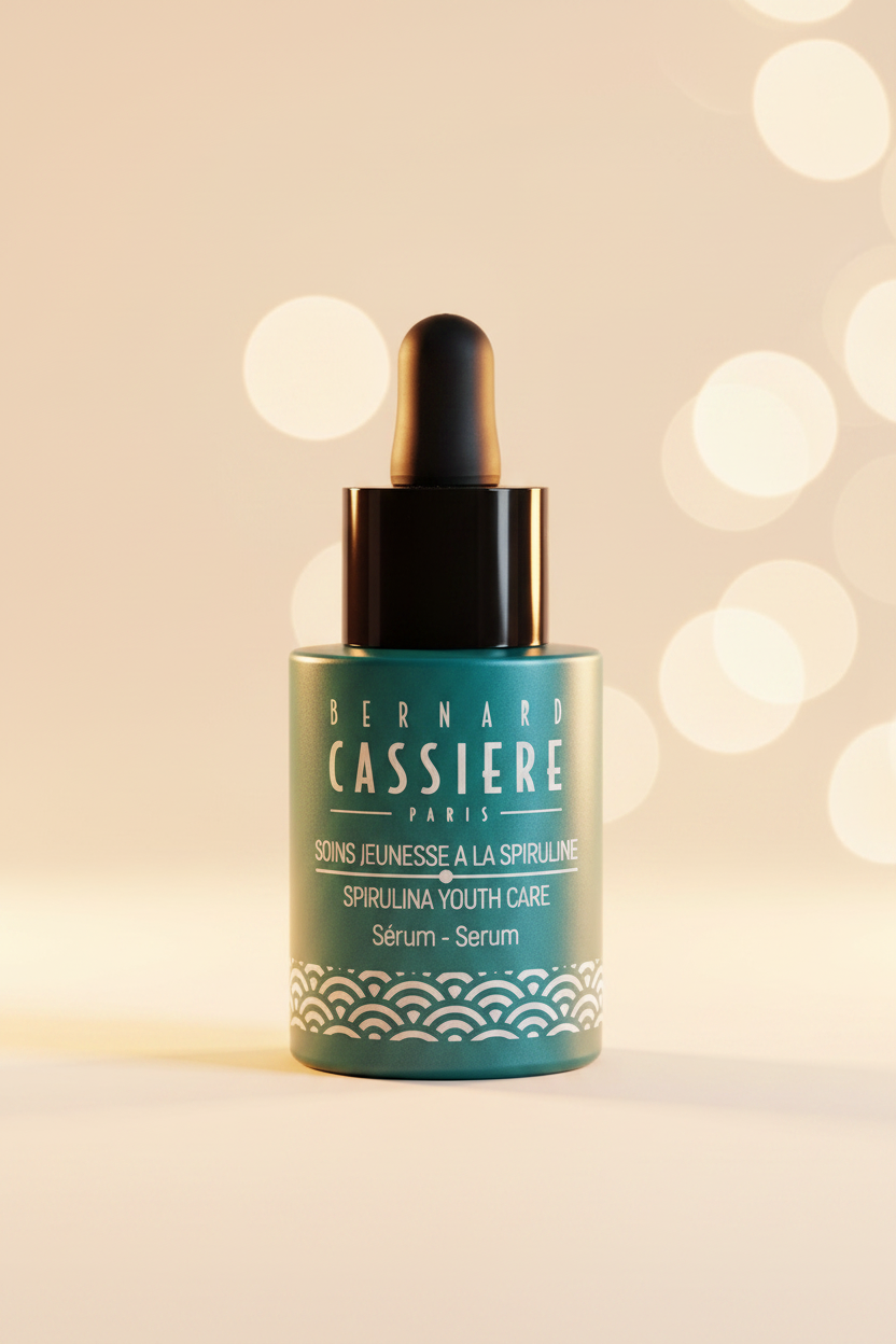 Bernard Cassière Youth Serum Spirulina - fondo crema con bokeh